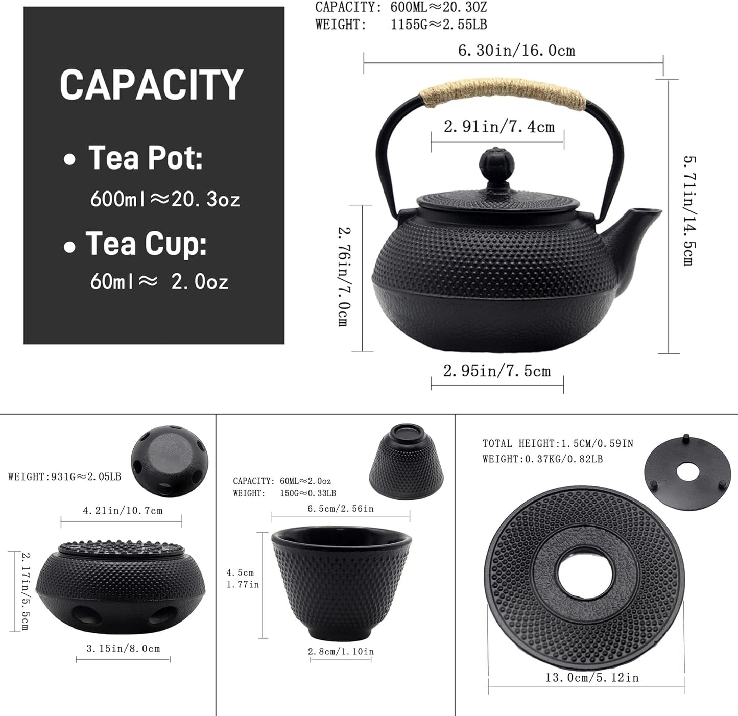 YJX Cast Iron Teapot Set with Cast Iron Warmer, Japanese Tetsubin Tea Kettle Set with Cups,Cast Iron Teapot with Stainless Steel Infuser and Enameled Interior(600ml Teapot Set Combination 1), Black