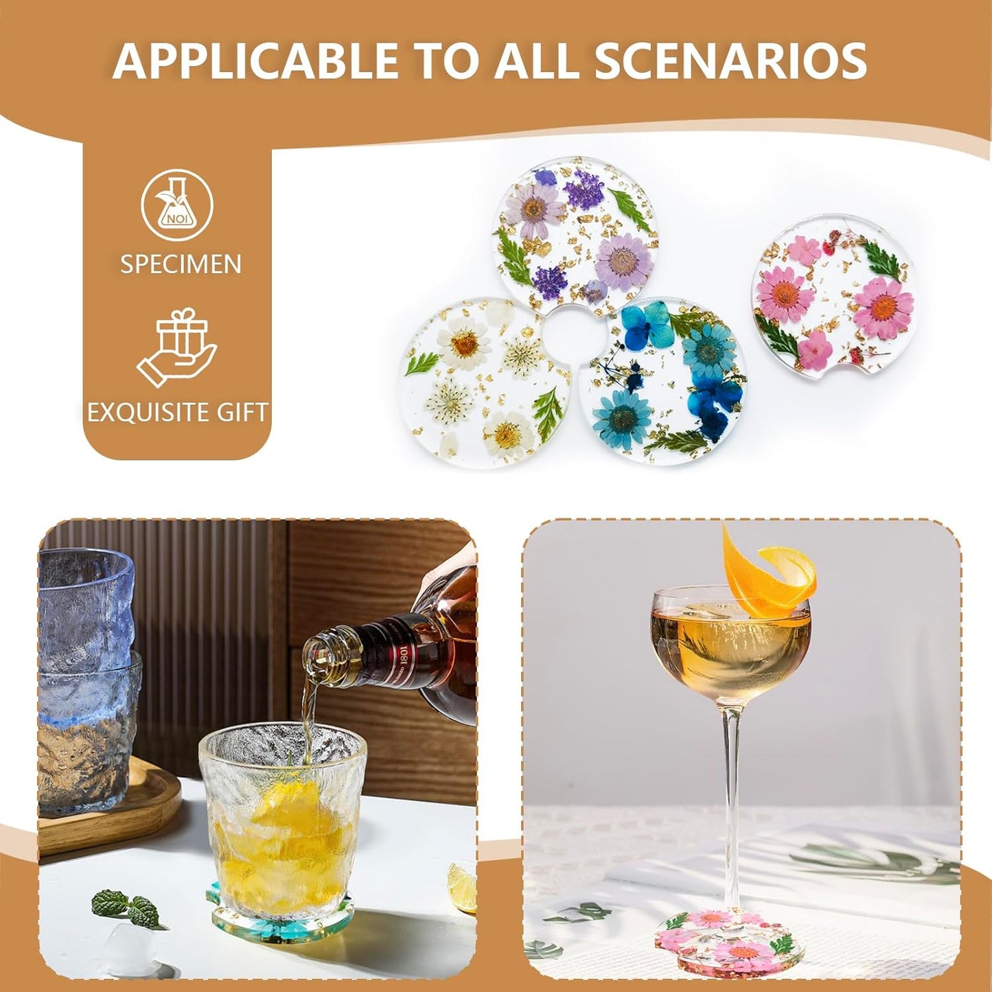 Dried Flower Coasters 4PCS, Resin Drink Coasters with Finger Notch, Reusable Cup Mats for Desk Protection Car and Home Decor