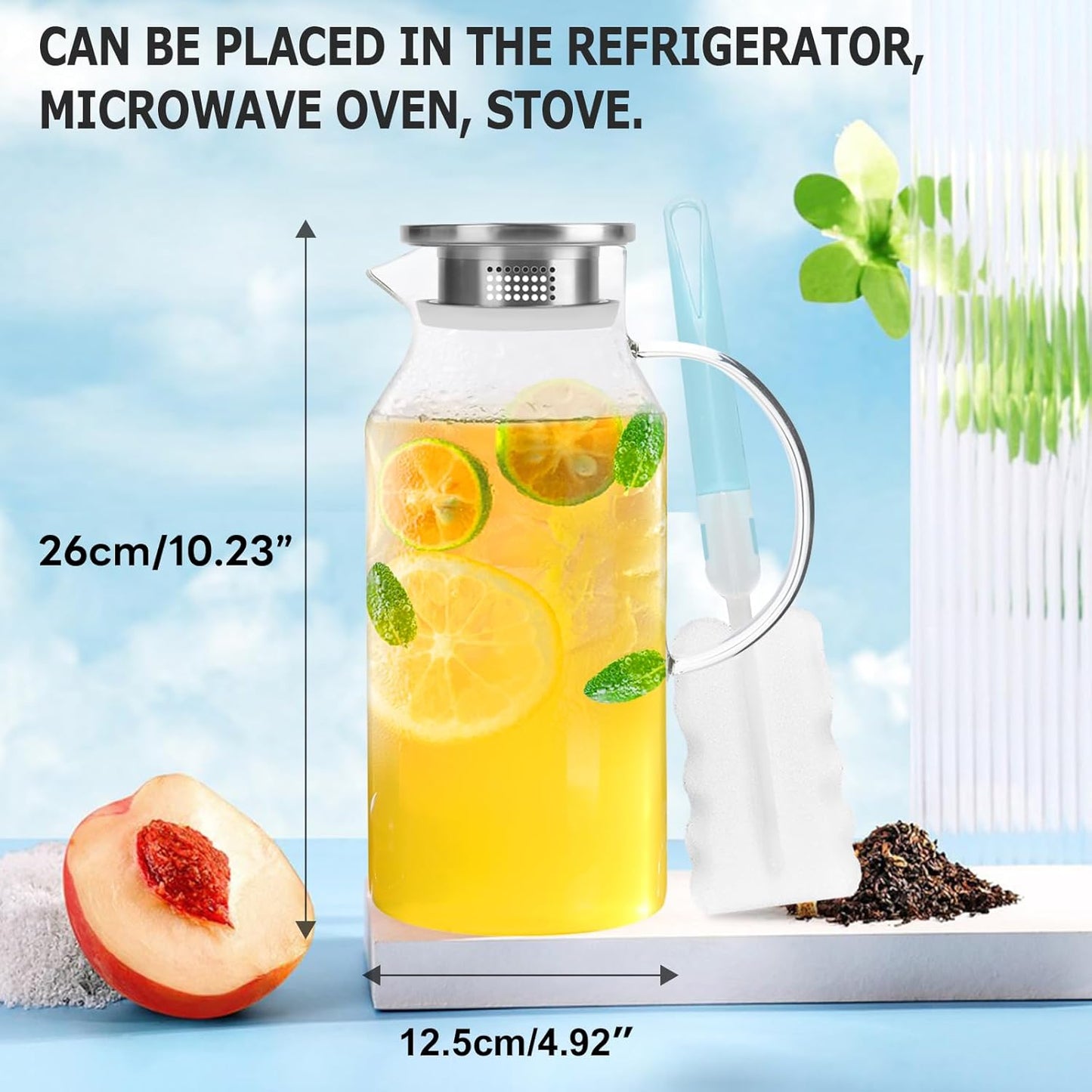 Yirilan Glass Pitcher, 2.6 Liter Water Pitcher with Lid, Large Juice Pitchers for Drinks, Glass Water Carafe, Glass Tea Jug, Beverage Pitchers