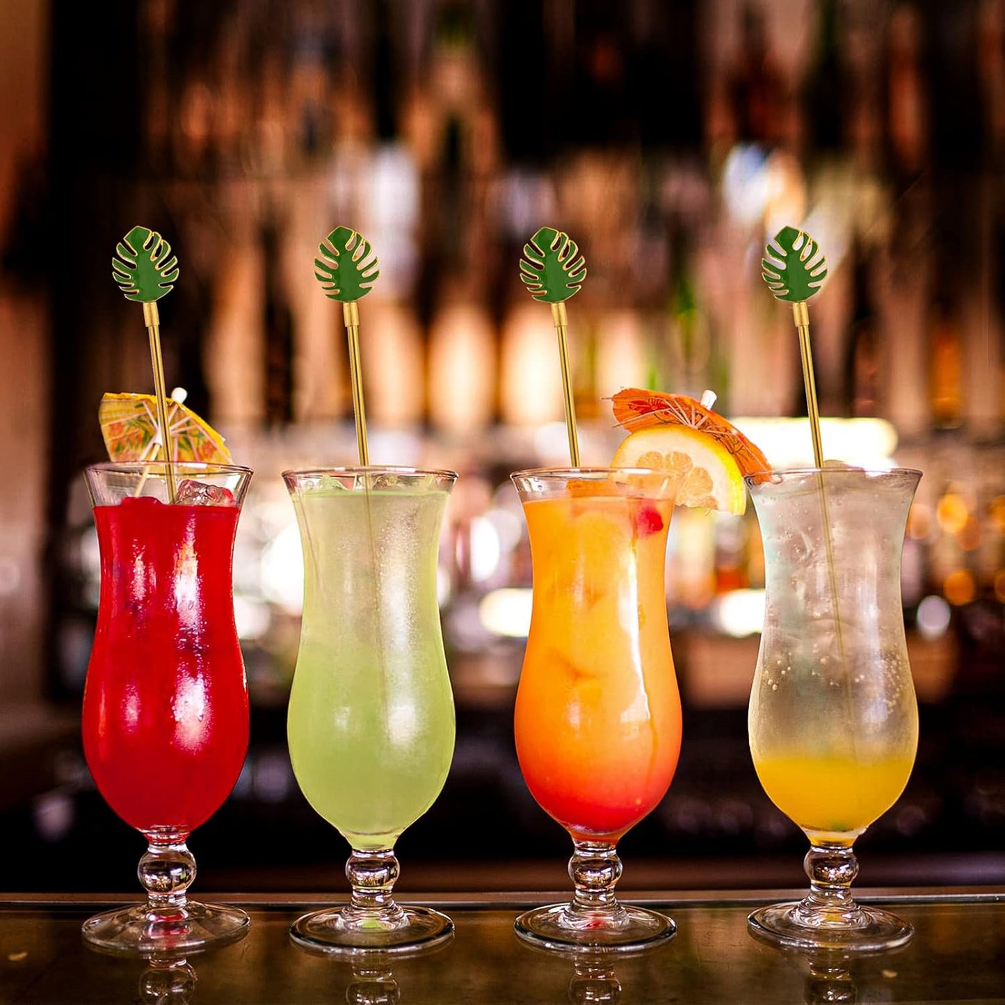 Palm leaf Drink Stirrer Sticks Stainless Steel Coffee Beverage Stirrers，Set of 4 Cocktail Swizzle Stick,7.5", Multicolor