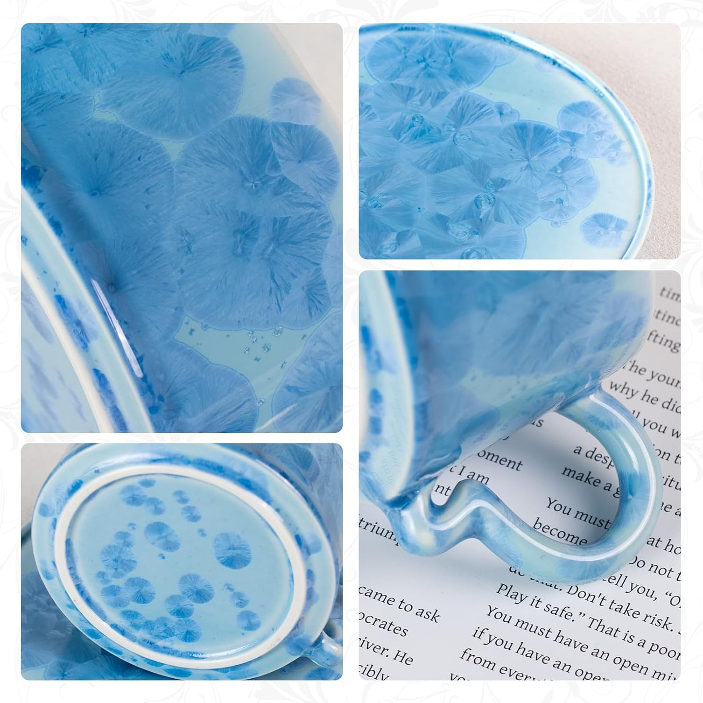 KAMMAK Tea Cups and Saucers set of 2, Porcelain Coffee Cups, 7.5oz Crystalline Glaze Espresso Mugs, Ceramic Demitasse for Coffee, Cappuccino, Latte, Americano, Tea (Dark Blue and White Blue)