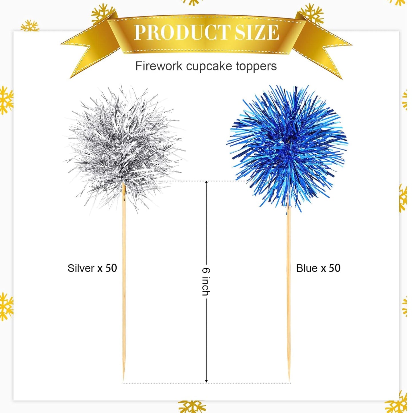 Chinco 100 Pcs Foil Firework Cupcake Toppers Sparkle Tinsel Cake Toppers Cake Decoration Cocktail Fruit Toothpick for Birthday Wedding Graduation Party(Silver, Blue)