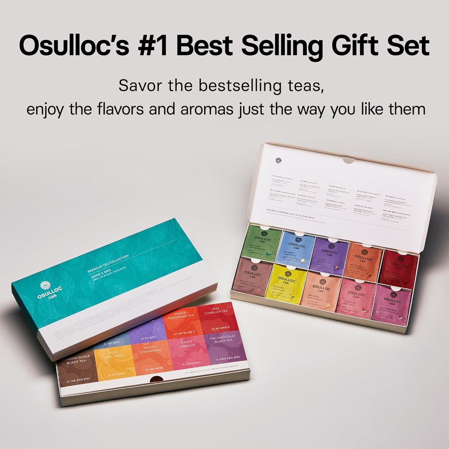OSULLOC Premium Tea Collection (40 count, 10 flavors x 4 ea), Assorted Tea bag Sampler, Tea Gift sets for Tea lover, Self Care Gift Box, Premium Organic Pure & Blended Tea from Jeju
