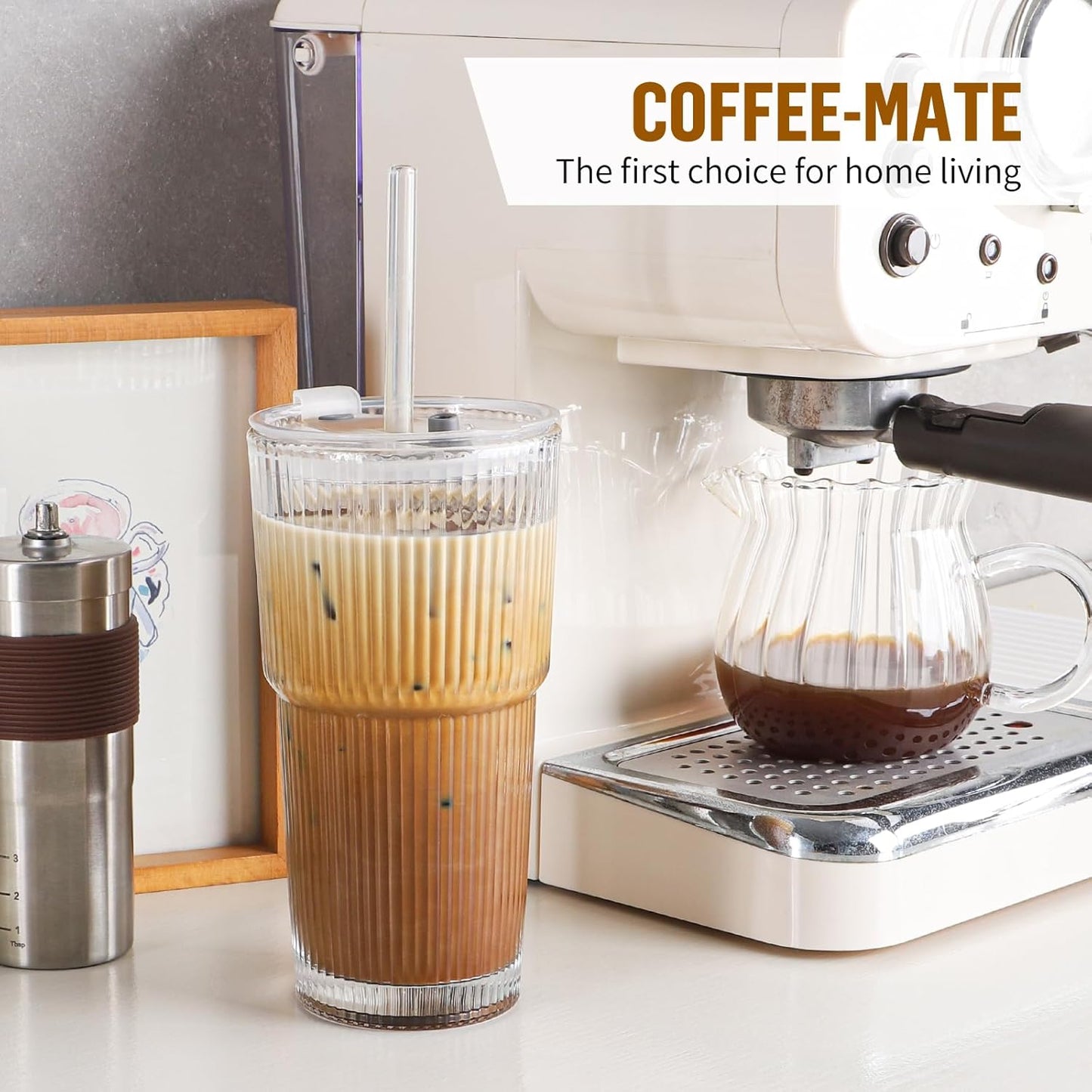 20 oz Glass Cups with Lid and Straw 2 Set, Glass Tumbler with Straw and Lid, Vintage Glassware for Whiskey Cocktail Beer, Iced Coffee Cups with Lid (6 PACK)