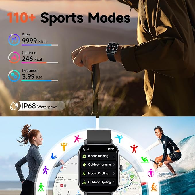 Smart Watch for Women & Men 2.0 HD Screen IP68 Fitness Tracker with Heart Rate, SpO2, Sleep Monitor, Bluetooth Call (Answer/Make),110+ Sport Modes, iPhone/Android Compatible(Black)