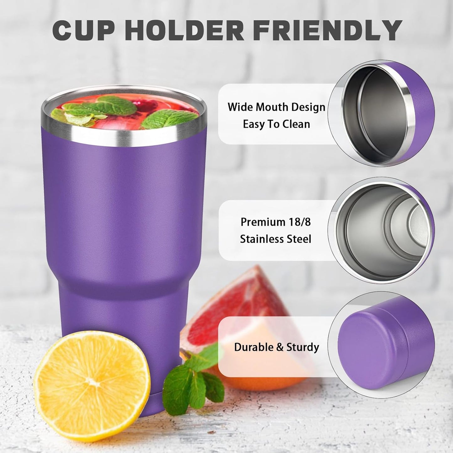 30 oz Tumbler with Lids and Straws, Stainless Steel Insulated Coffee Tumbler, Double Wall Vacuum Insulated Travel Mug Cup, Leakproof Thermal Coffee Cup for Hot and Cold Drinks (Purple)