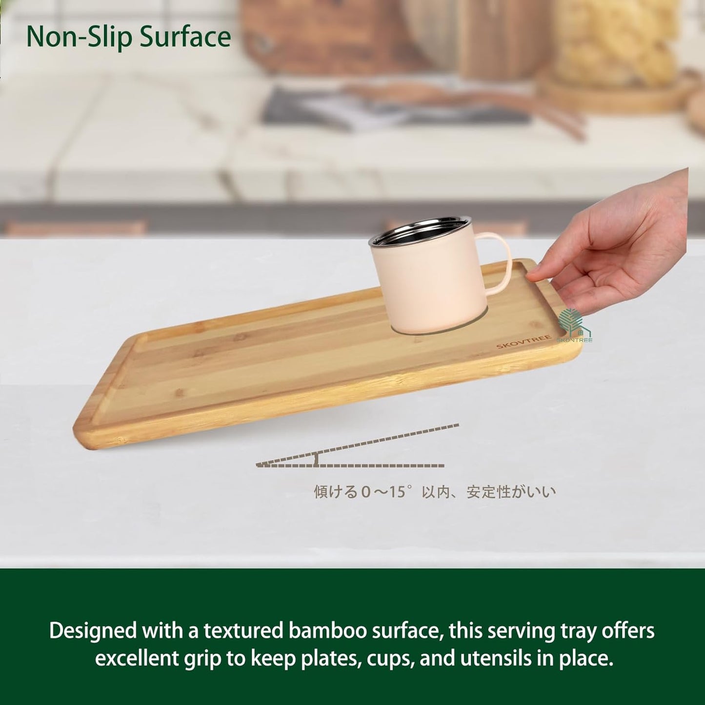 Bamboo Serving Tray, Food Tray for Eating and Serving Coffee, Tea, 15.8x11.8 Inch