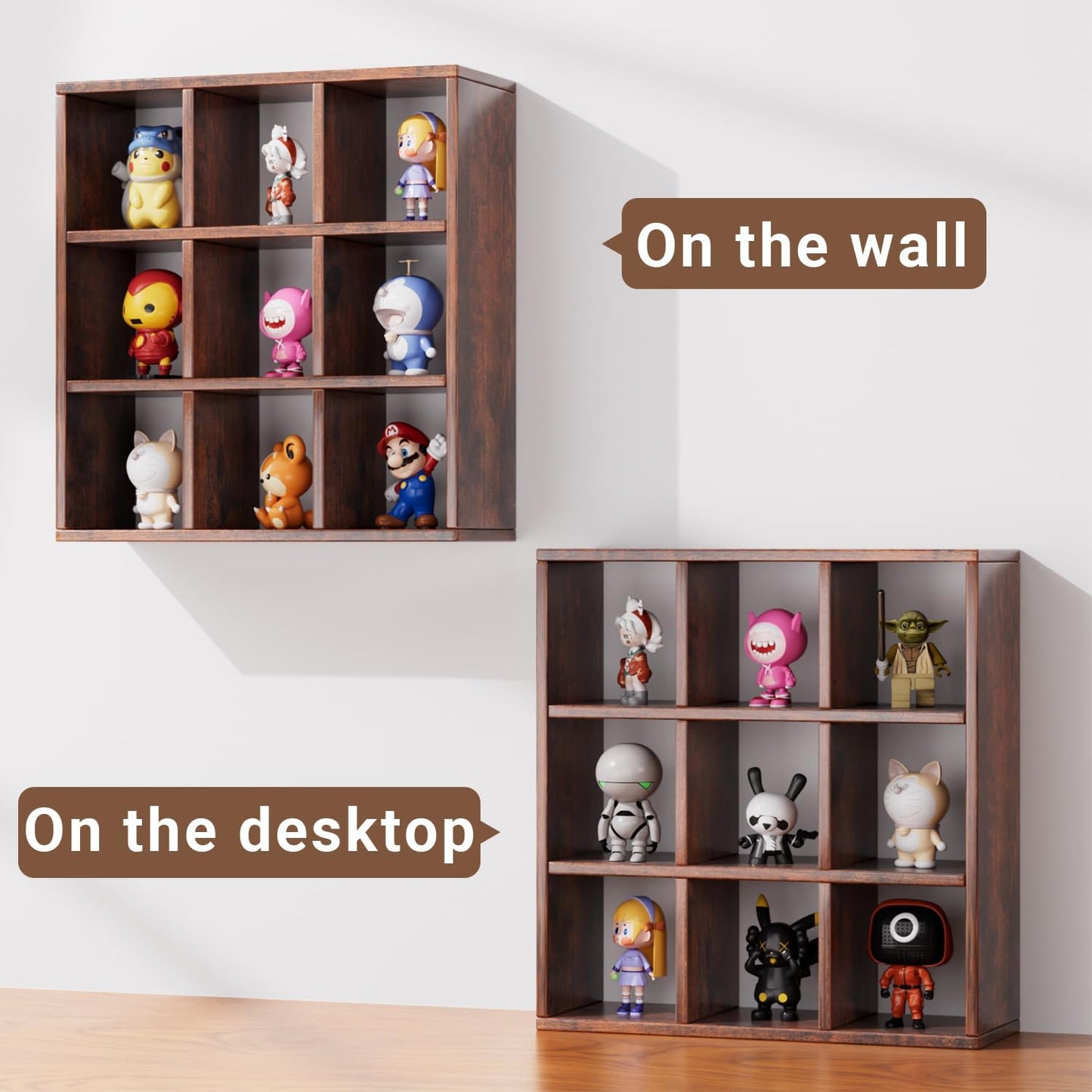 Helsin 9 Grid Vintage Coffee Mug Display Rack, 16inch Wall Mounted Wooden Curio Shadow Box Shelf, Cup Floating Shelves Display and Organizer (Bronze)