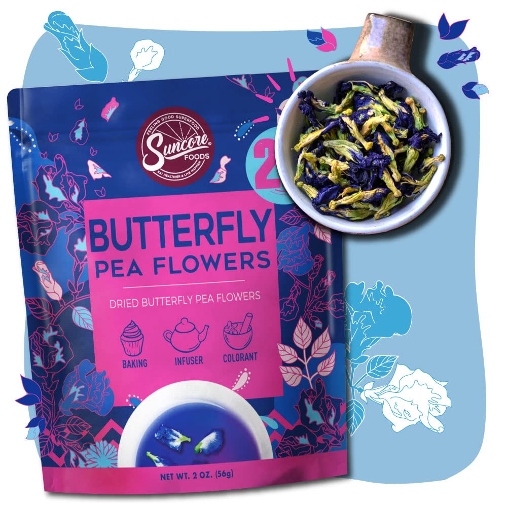 Suncore Foods Dried Butterfly Pea Flowers Bloom, Caffeine-Free Tea, Gluten-Free, Non-GMO, 2oz (1 Pack)