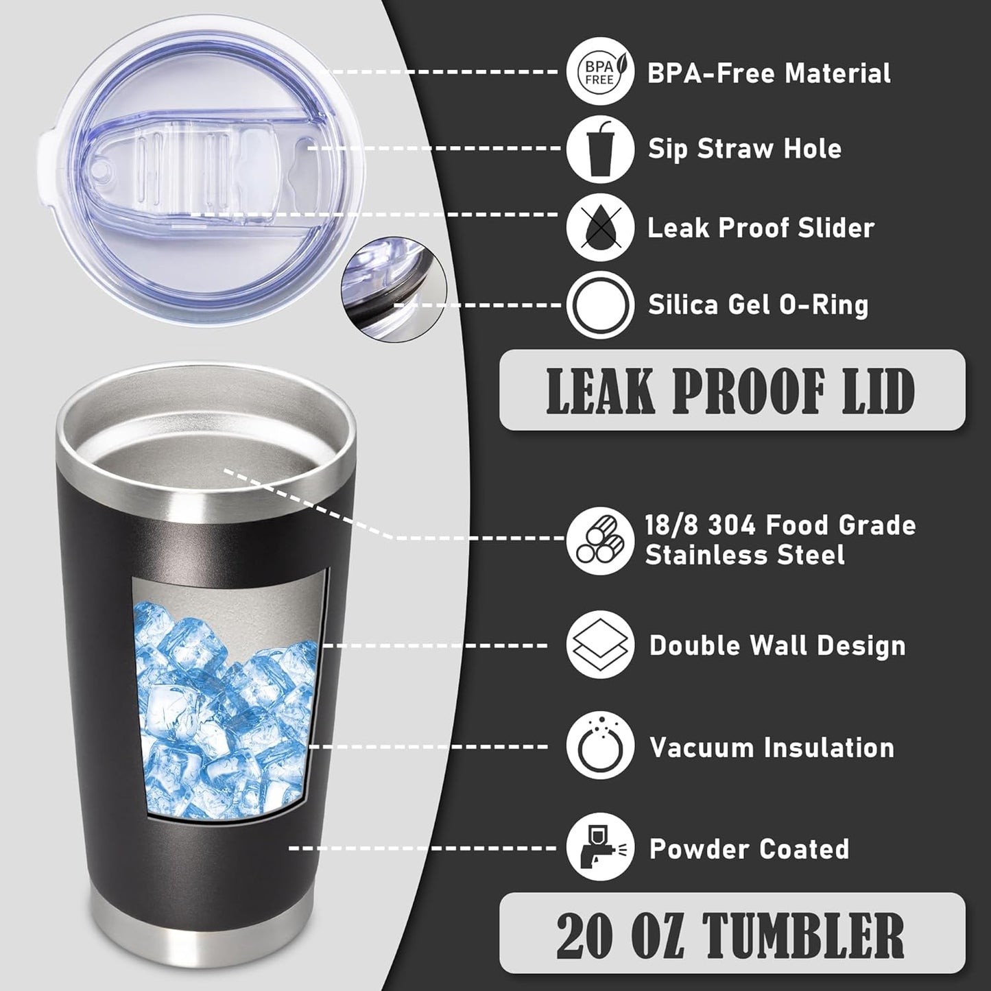 20 oz Tumbler Coffee Tavel Tumblers Bulk with Lid Stainless Steel Double Wall Vacuum Insulated Mug Powder Coated Cups fit Car Cupholder for Hot and Cold - Black, 12Pack