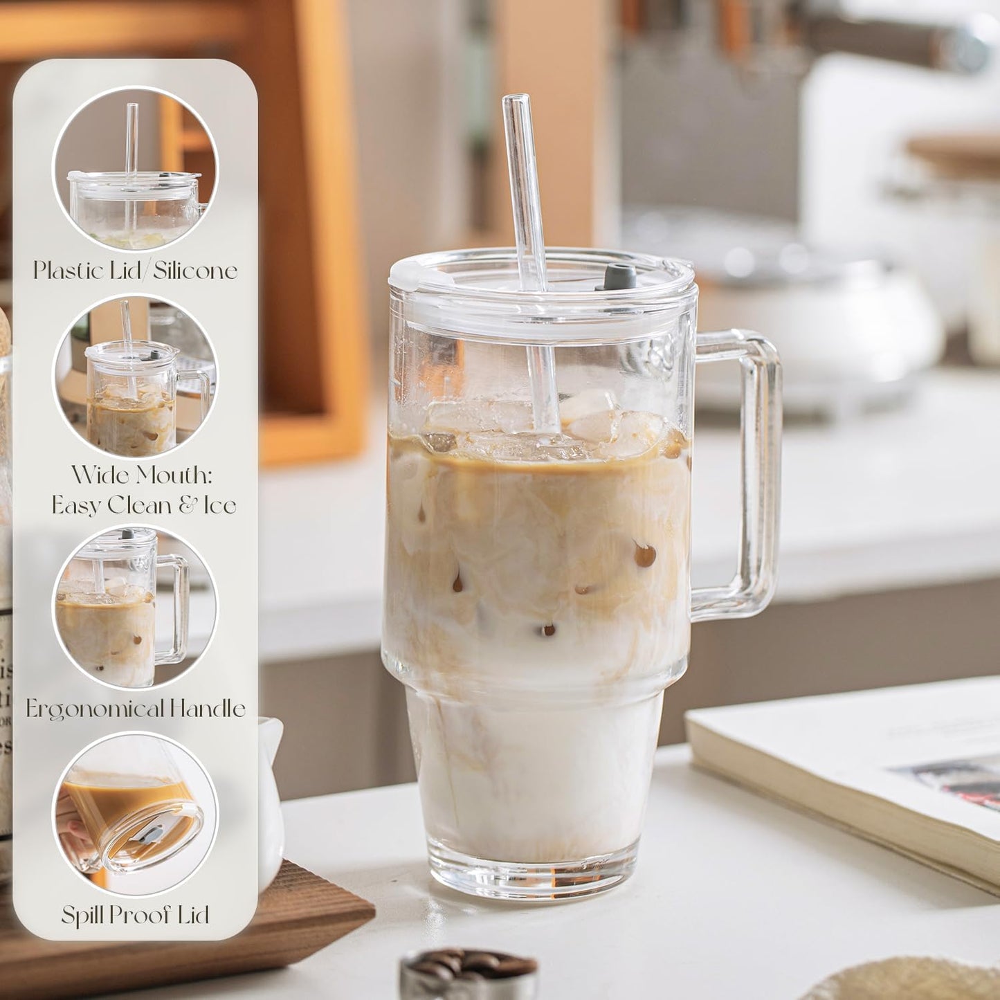 KEMORELA 24oz Glass Tumbler with Handle & Lid - Reusable Glass Cup with Straw for Iced Coffee, Smoothie & Water - Clear Drinking Glasses, To-Go Travel Drinkware (1)