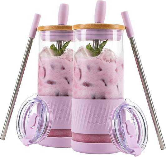 Pandaloo® Glass Cups With Lids and Straws -20 Fl Oz- Perfect Size Iced Coffee Cup - Smoothie Cup With Bamboo Lid and On the go Lid - Glass Tumbler (2 Count (Pack of 1), Lilac Rhapsody-Lilac Rhapsody)