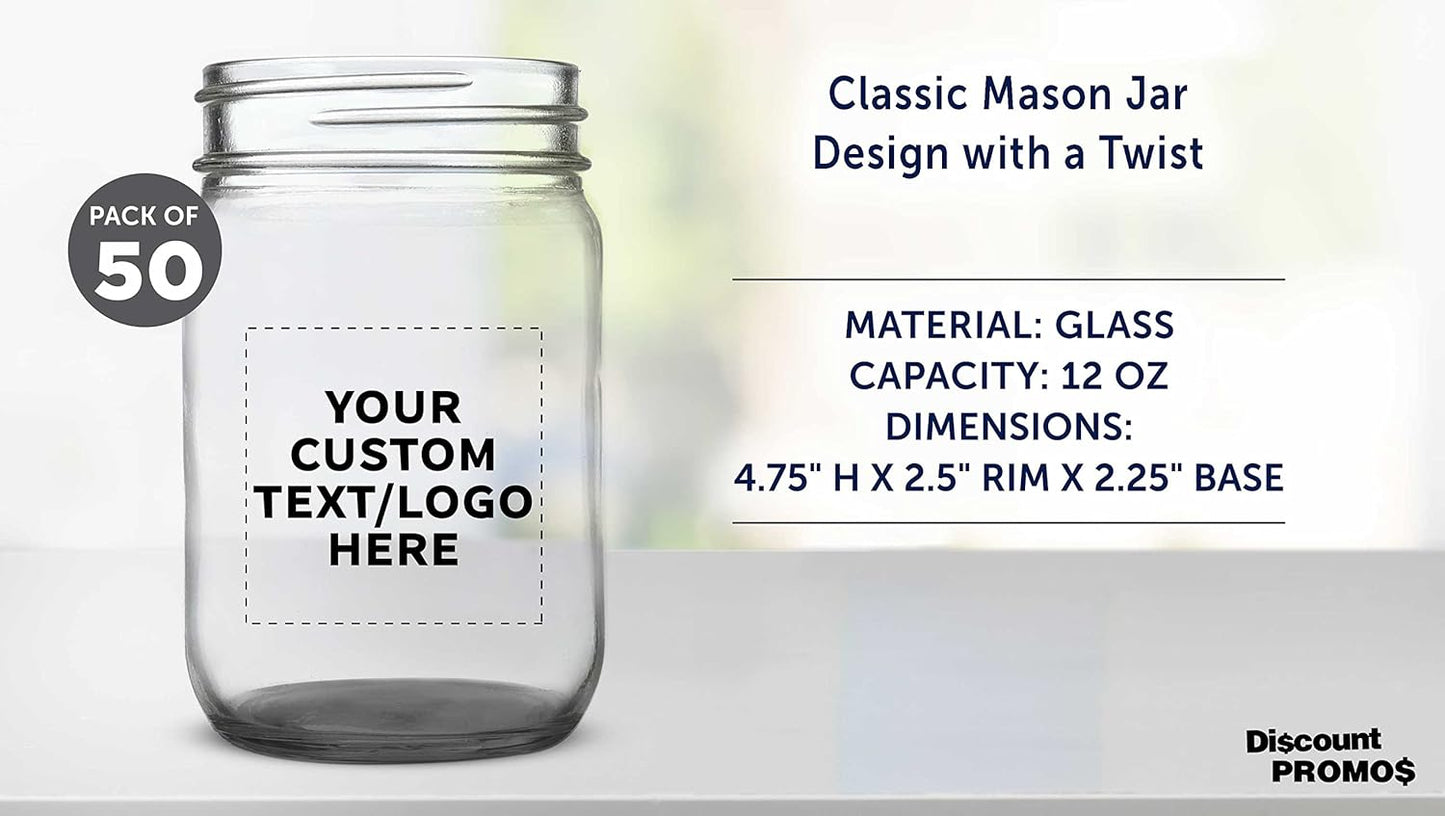DISCOUNT PROMOS Custom Decorating Mason Jars 12 oz. Set of 50, Personalized Bulk Pack - Glass Jars for Overnight Oats, Candies, Fruits, Pickles, Spices, Beverages - Black