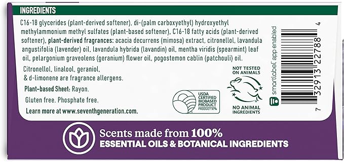 Seventh Generation Dryer Sheets Fabric Softener Fresh Lavender 100% Essential 80 Sheets 4)