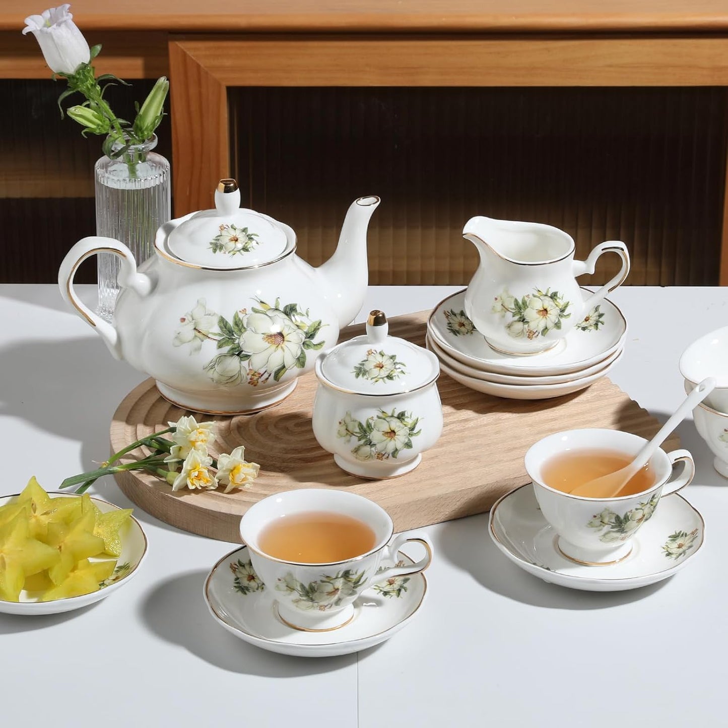 Sweejar Porcelain Tea Sets, Vintage British Floral Relief Gold Rimmed Teapot Cup and Saucer Set, Tea Set Service for 6, with Teapot, Sugar Bowl, Milk Jug, Spoons, Tea Cup and Saucer (Camellia)