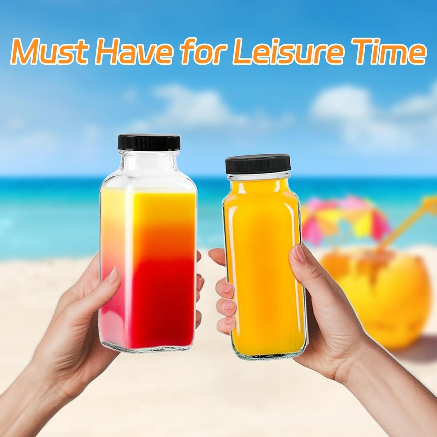 3 Pack 12oz Glass Drink Bottles with Lids, 360ml Vintage Glass Water Bottles with Caps, Reusable Juice Containers Drinking Jars for Juicing, Milk, Ginger, Kombucha, Beverage