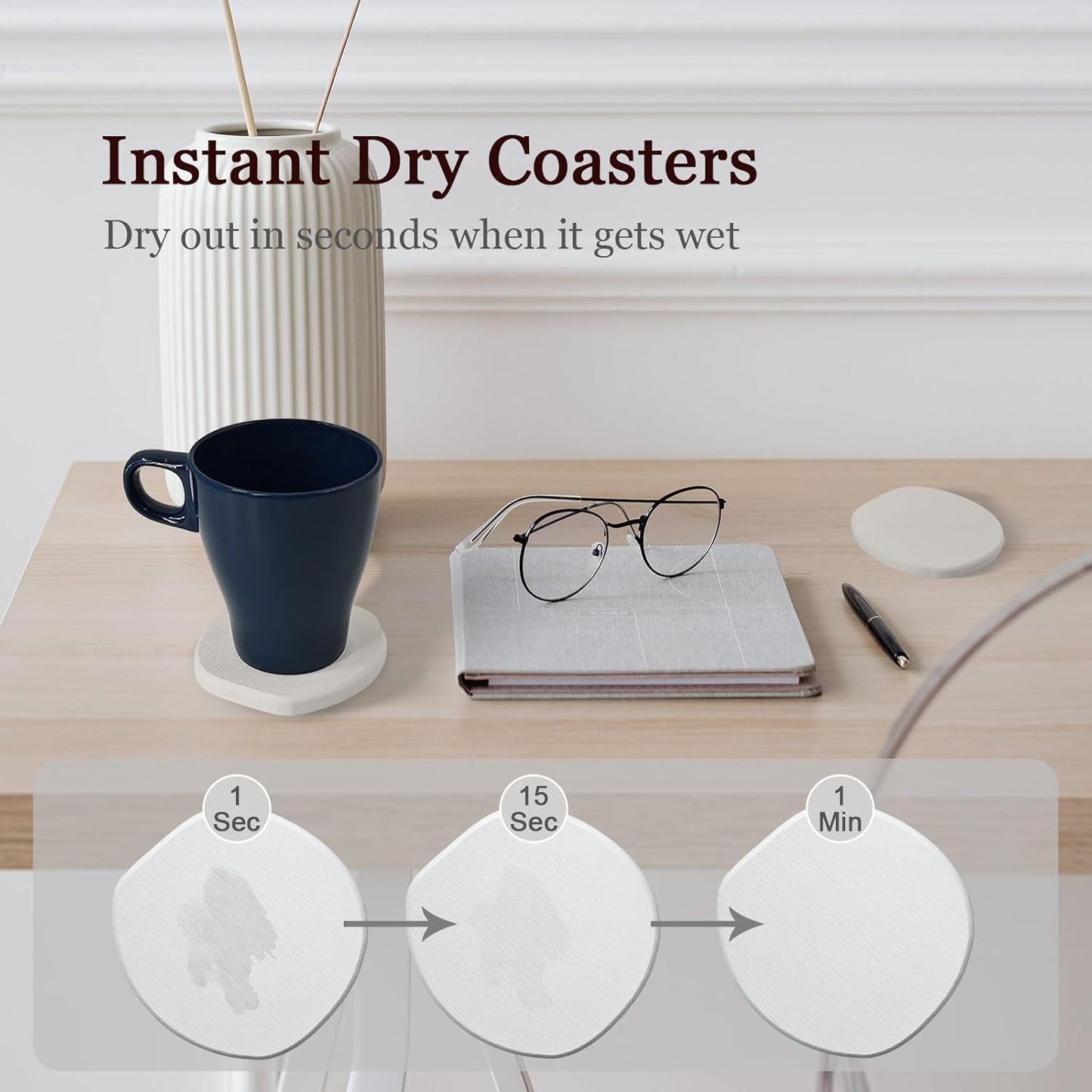 Instant Dry Stone Absorbent Diatomite Coaster Set of 4 for Drinks Wine Coffee, Modern Unique Cup Diatomaceous Earth Coasters for Coffee Table Office Desk, White