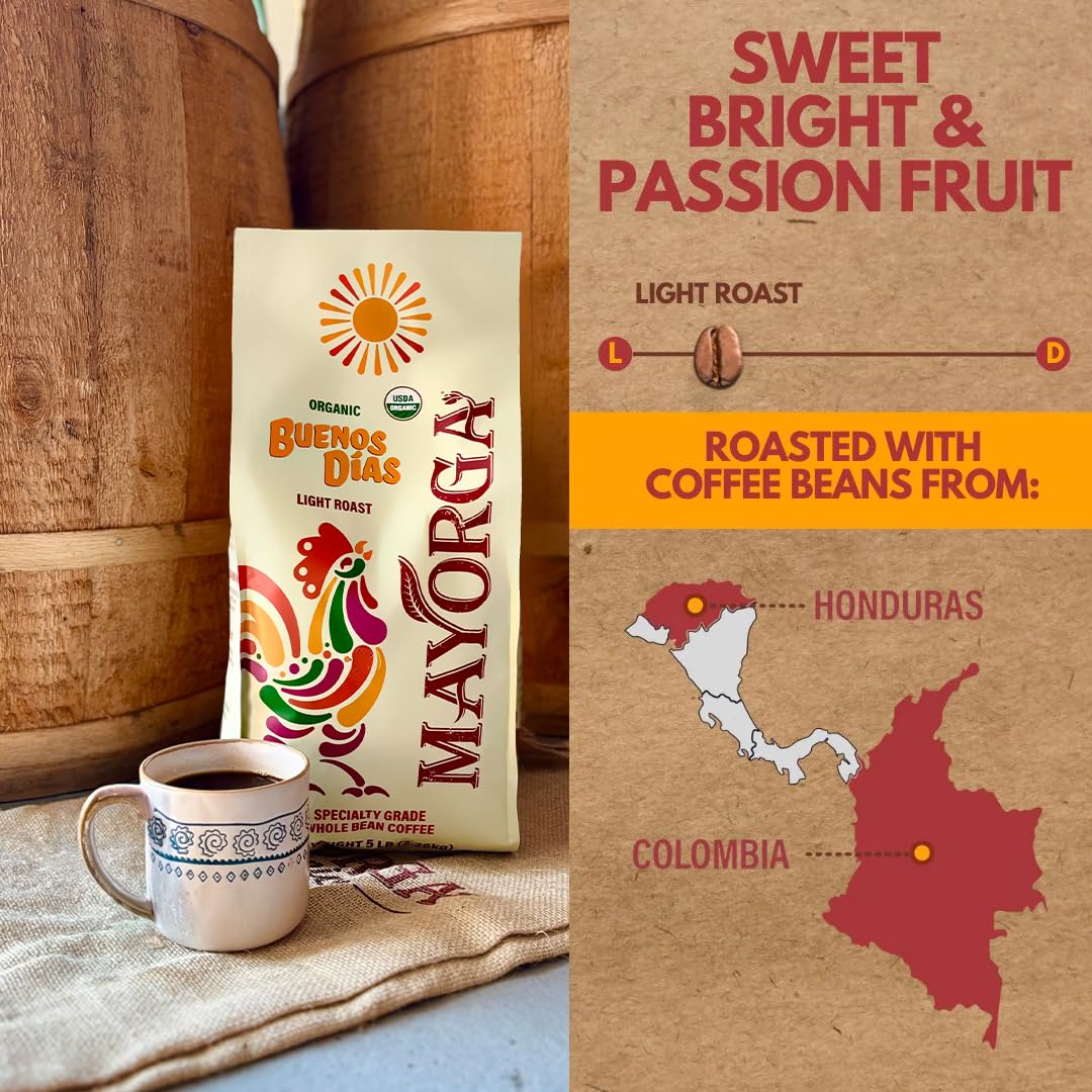 Mayorga Organic Coffee 5lb Buenos Dias - Light Roast Whole Bean Coffee Specialty Grade, 100% Arabica, Slow Roasted, Citrusy and Sweet Flavor with Low Acidity - USDA Organic, Non-GMO, Kosher