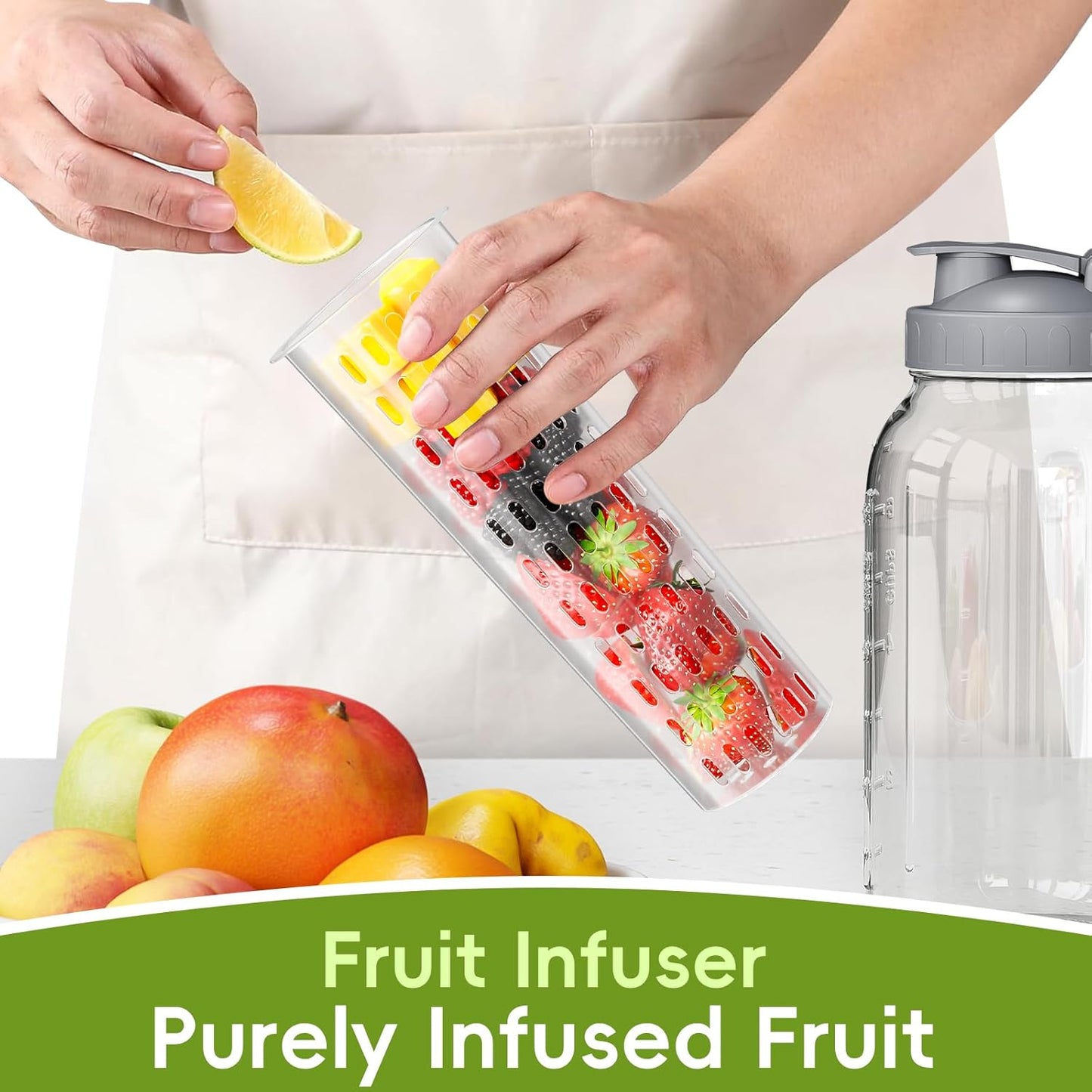 Fruit Infuser Water Pitcher,Glass Mason Jar Pitcher,64oz(2 Quart) Wide Mouth Jug with Pour Spout Handle Lid for Fruit Drinks,Cold Brew Coffee,Ice Beverage,Iced Juice,Lemonade,Sun Tea Container