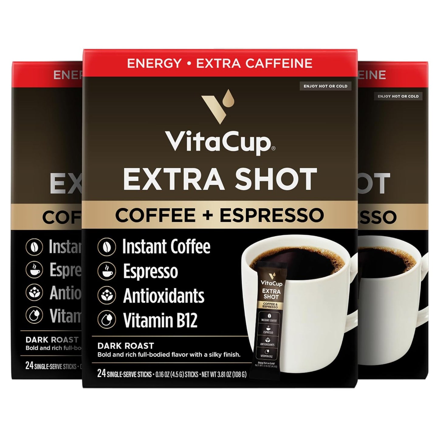 VitaCup Extra Shot Instant Coffee Packets with Espresso Shot, “Red Eye” High Caffeine, Bold Dark Roast w/Vitamin B12, Antioxidants, Premium Instant Coffee in Single Serve Sticks, 72 Ct