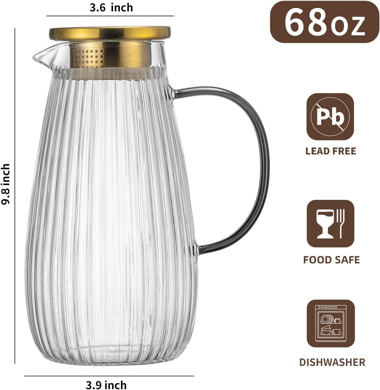 2 PACK Glass Pitcher with Lid and Spout,68 oz/2 Liter Vertical Stripes Water Pitcher for Fridge, Clear Borosilicate Glass Water Carafe for Cold Brew, Coffee, Lemonade, Sun Tea,Heat Resistant
