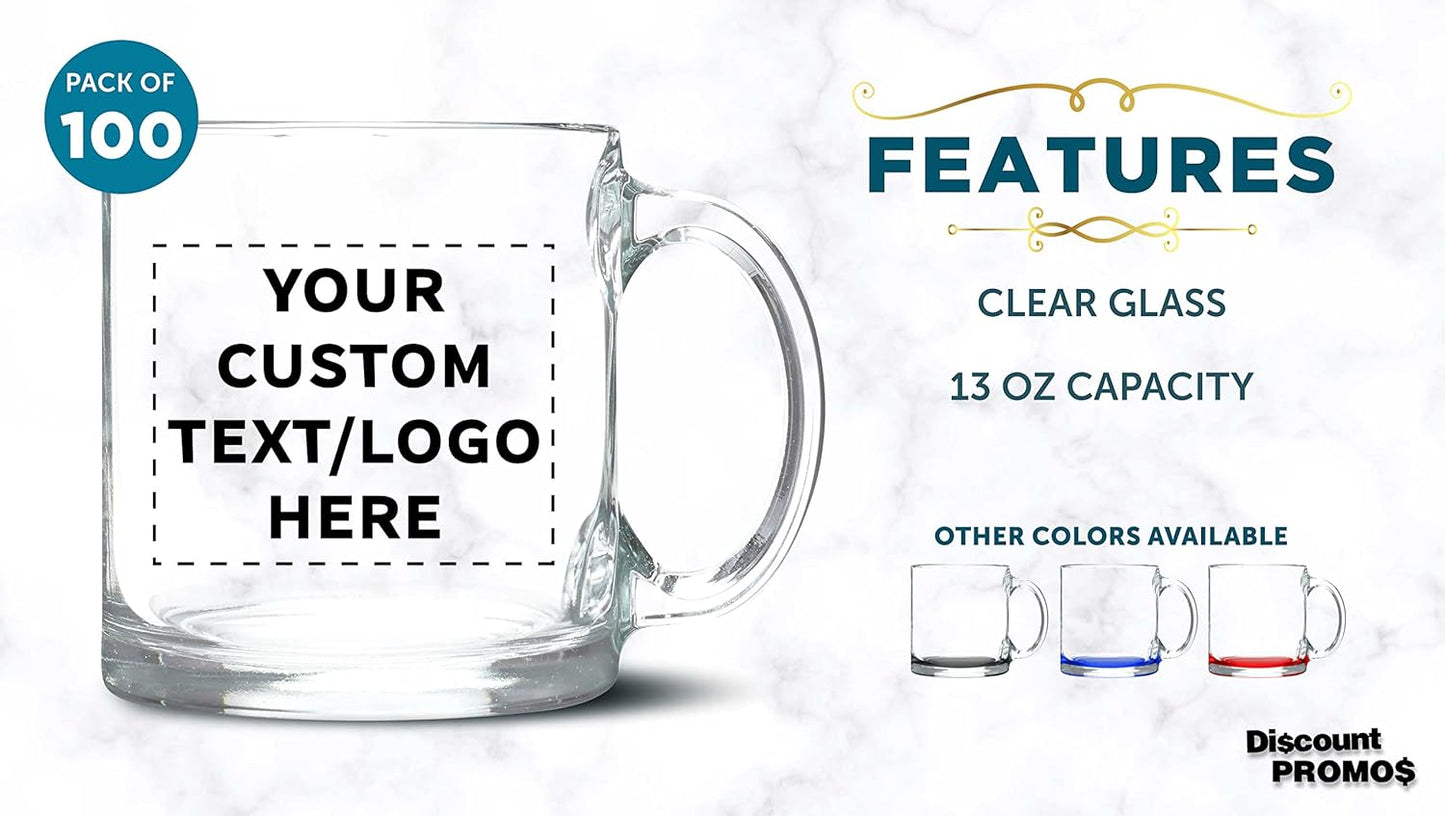 Custom Libbey Clear Glass Coffee Mugs 13 oz. Set of 100, Personalized Bulk Pack - Perfect for Coffee, Tea, Espresso, Hot Cocoa, Other Beverages - Clear Bottom