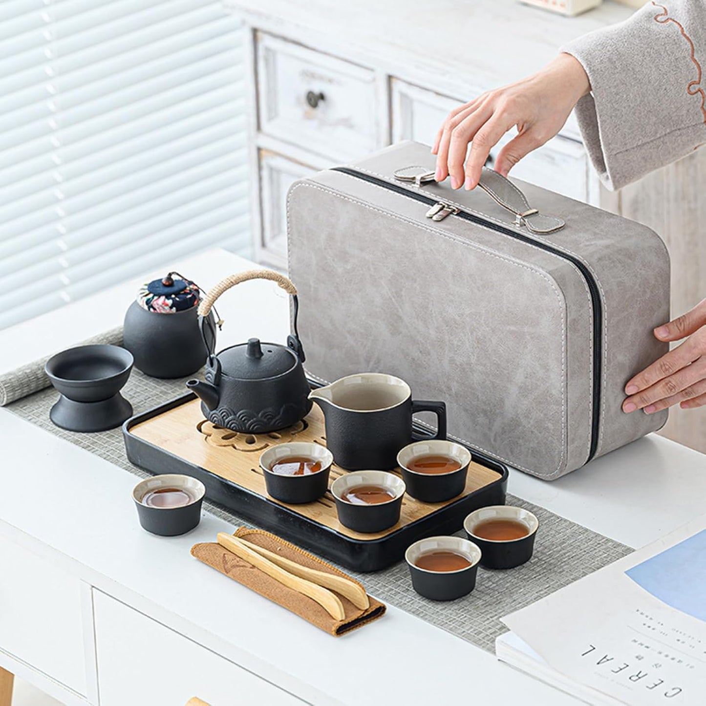Japanese Tea Set, Portable Ceramic TeaSet, Asian Tea Sets for adult, Tea Gift sets, Travel Tea Set with Teapot,Teacups,Tea Canister,Tea Tray and Travel Bag, Home,Outdoor and Office