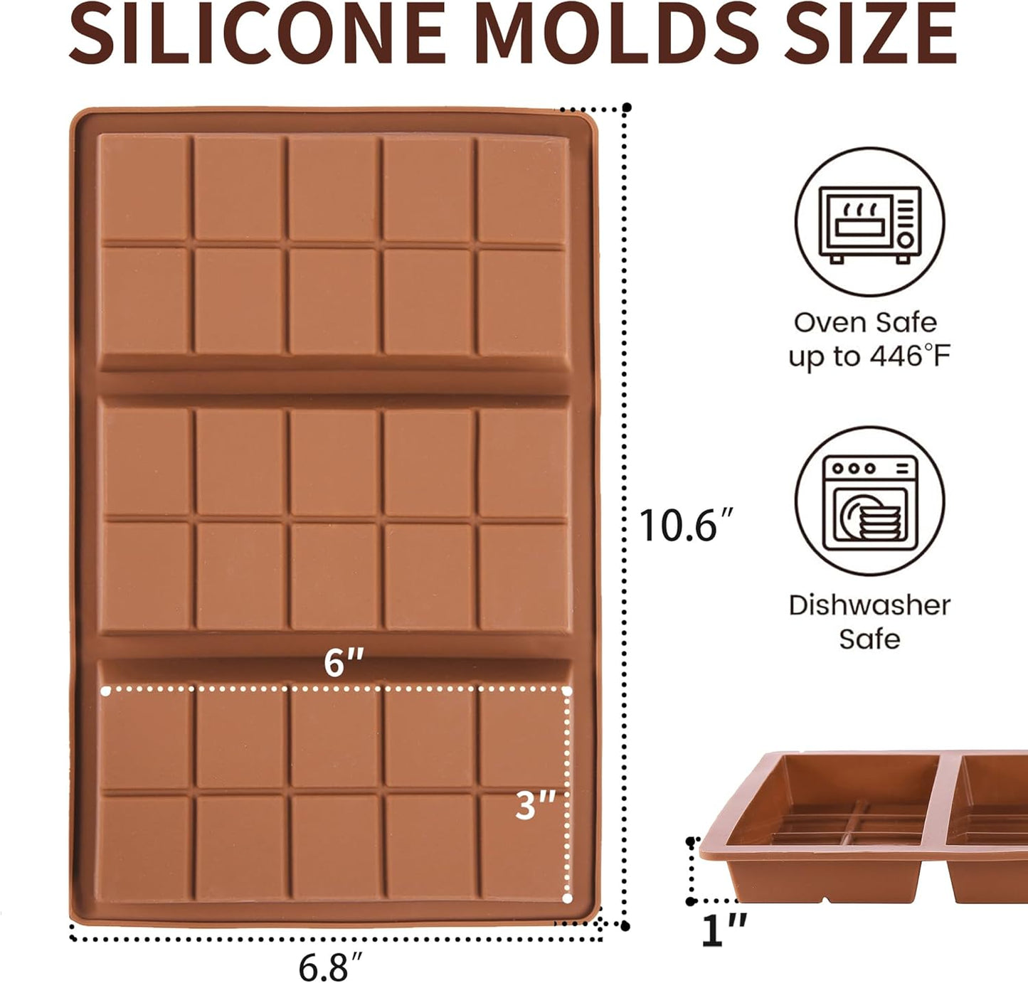 1 Inch Deep Chocolate Bar Mold, 3 Cavity Large Dubai Chocolate Molds, Thick Candy Bar Mould for Filling（1 Pack）