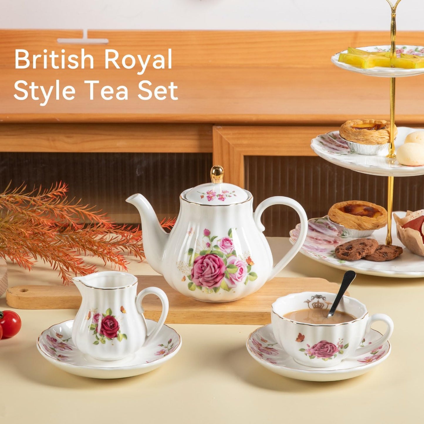Porcelain Tea Sets British Royal Series, 8 OZ Cups & Saucer Service for 6, with Teapot Sugar Bowl Cream Pitcher Teaspoons and Tea Strainer, Suitable for High Tea, Wedding, Party (Midsummer Rose)