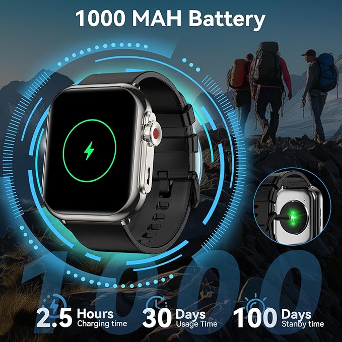 Smart Watch for Men Women, 1000 mAh 100 Day Battery Life, 1.85" Fitness Tracker with Call Function, 110+ Sport Modes, Heart Rate, Sleep Monitor Fitness Watch, IP68 Waterproof, Compatible iOS Android