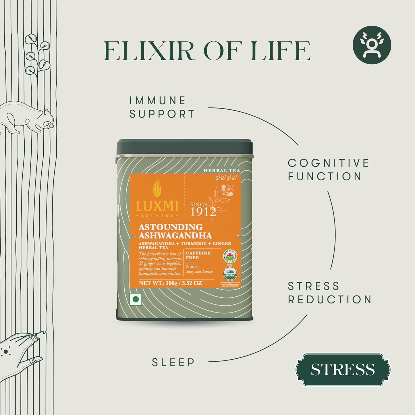 Luxmi Estates - Astounding Ashwagandha - Organic Loose Leaf Tea - 100g (50 Cups) | With Ashwagandha, Turmeric, Ginger, Lemongrass & More | Perfect Stress Relief Tea