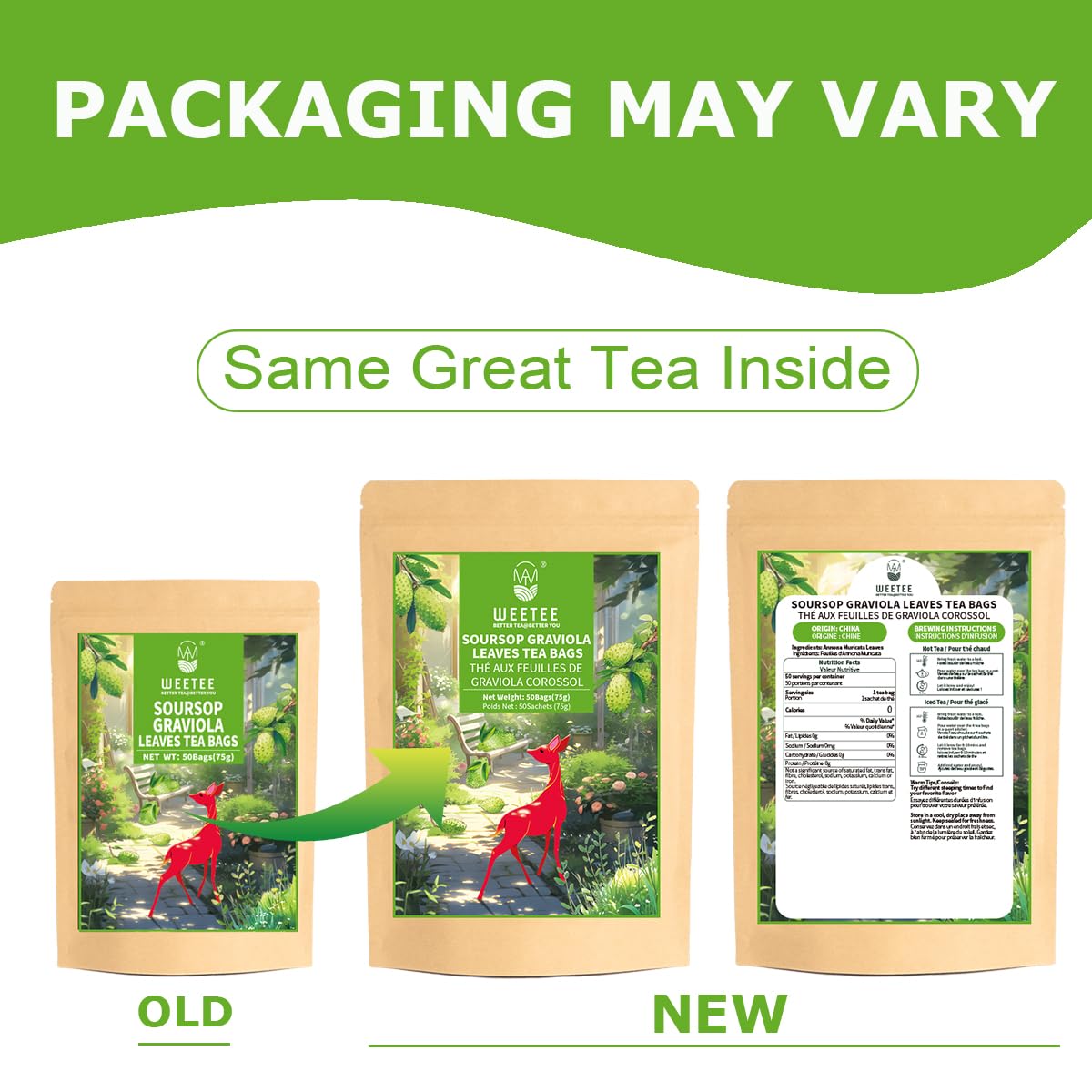 WT WEETEE Soursop Leaves Tea Bags, Made with 100% Pure Soursop Graviola/Guanabana Leaves, Natural Caffeine-free Herbal Tea, 50 Corn Fiber Tea Bags