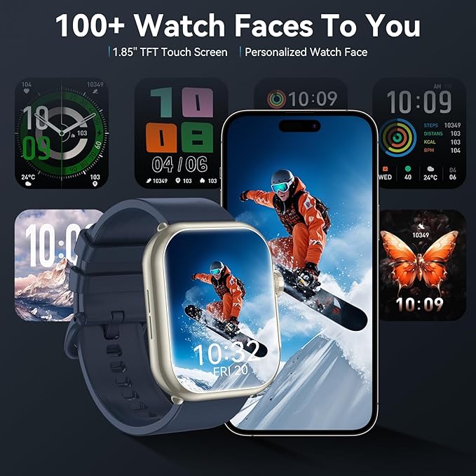 Smart Watch for Men Women, 1.85" HD Fitness Tracker with Call Function, 1000 mAh 100 Day Battery Life, 110+ Sport Modes, Heart Rate Sleep Monitor Fitness Watch, IP68 Waterproof, iOS Android Compatible