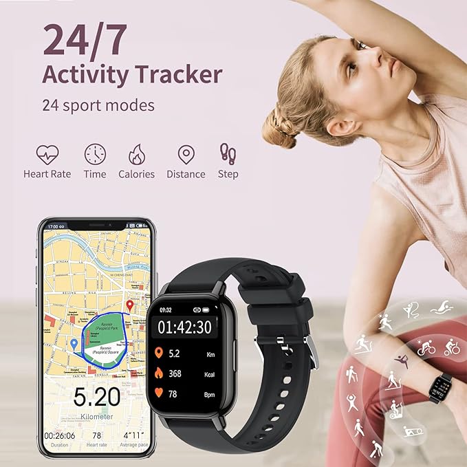 Smart Watch,1.85''HD Fitness Tracker Sport Smart Watches for Women Men with Call Heart Rate Blood Oxygen Sleep Track Step Counter 24 Sport Modes Smartwatch Waterproof Fitness Watch Android iOS