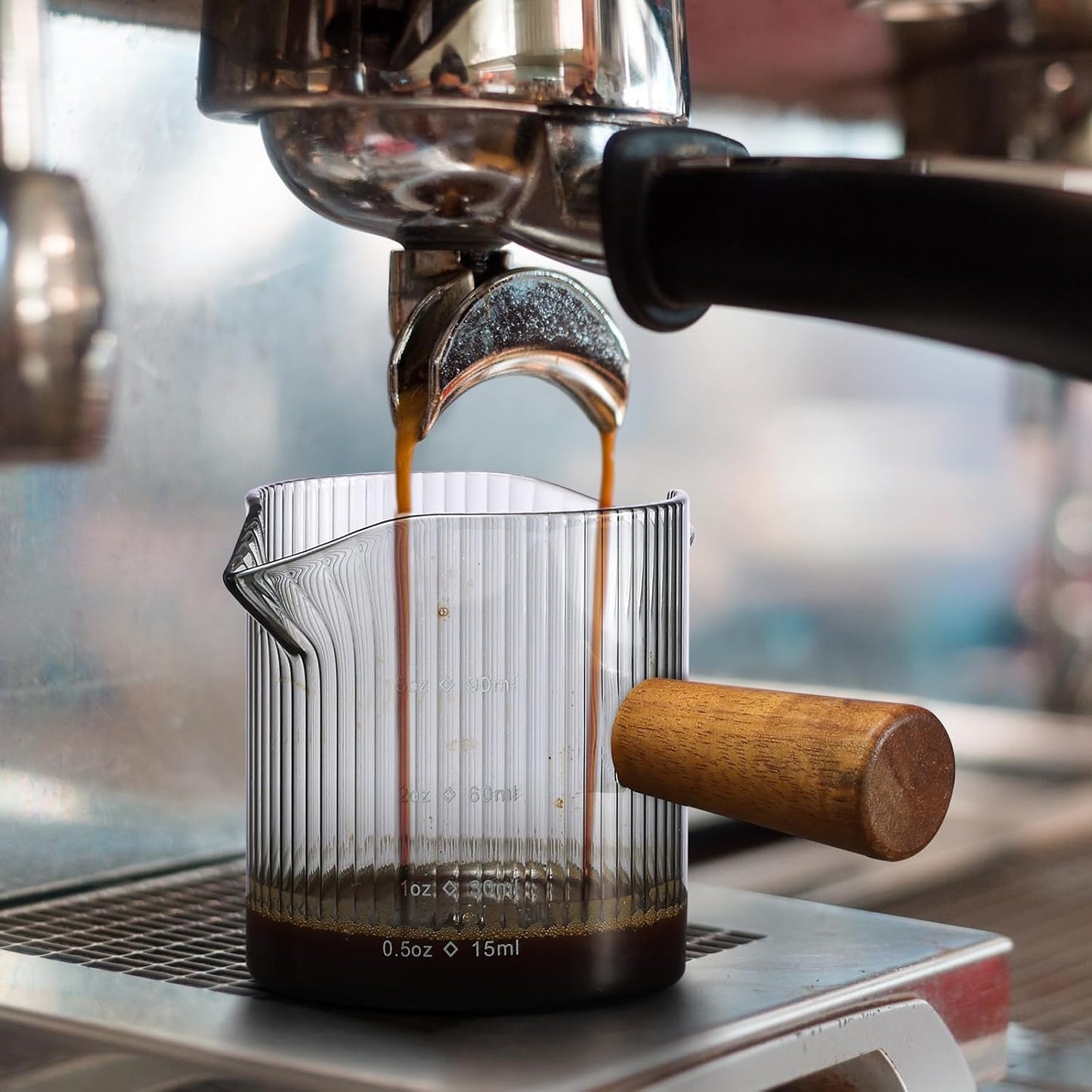 Espresso Cups 3 OZ, Double V-Shaped Spouts Cups, Espresso Shot Glasses with Wood Handle, Ribbed Milk Measuring Cup