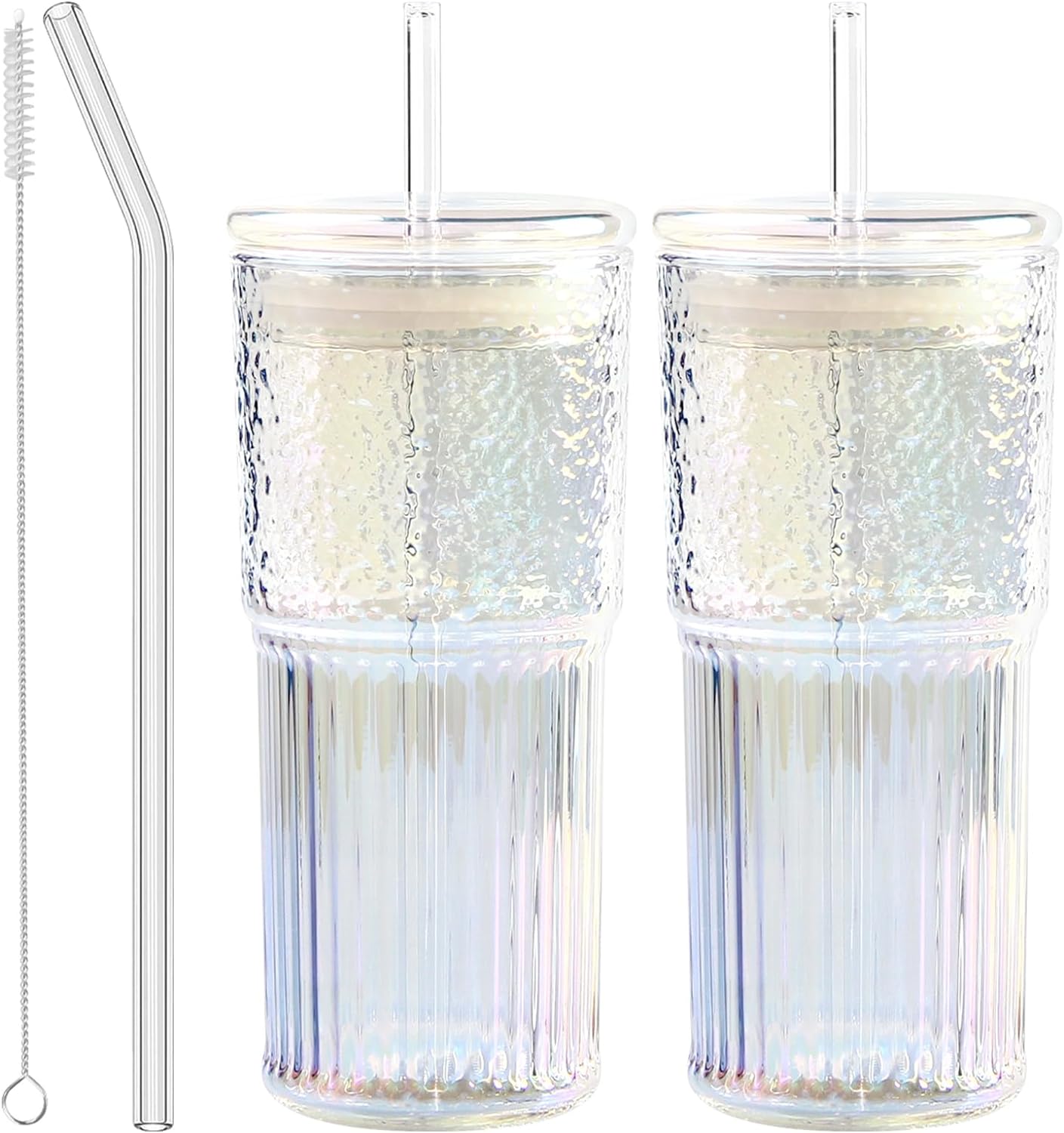 Glass Cups with Lids and Straws, 20 OZ Multi Iced Coffee Glasses Tumblers for Ice Water, Juice, Tea, Milk, Smoothie and Cold or Hot Drinks, Set of 2