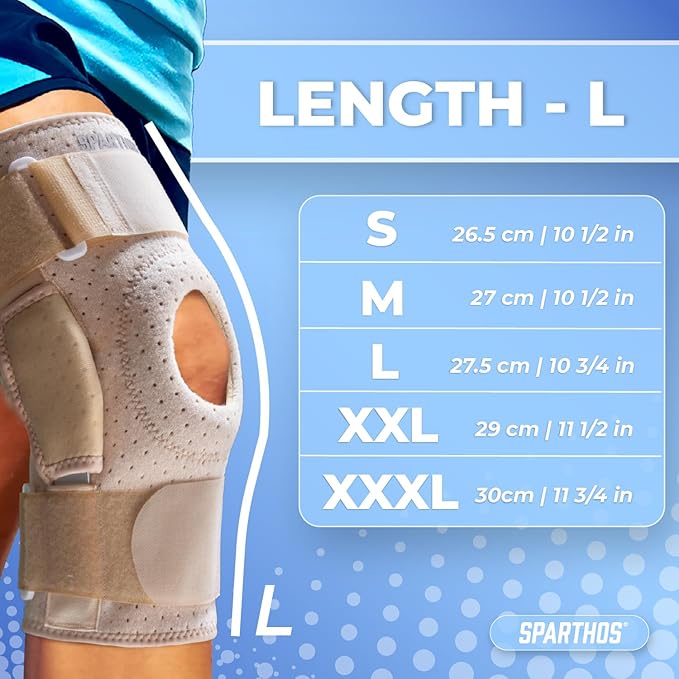 Sparthos Knee Brace - Relieves ACL, MCL, Meniscus Tear, Arthritis, Tendons Pain - Open Patella Design with Dual Hinges - Patellar Compression Support, Plus Size Fit - For Men and Women (Beige-XXL)
