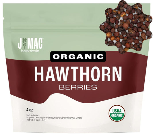 J Mac Botanicals, Organic Dried Hawthorn Berries Whole (4 oz) Hawthorn berry from Eastern Europe, certified Organic hawthorn berry tea, Hawthorne berries bulk resealable bag, Dried Hawthorn berries