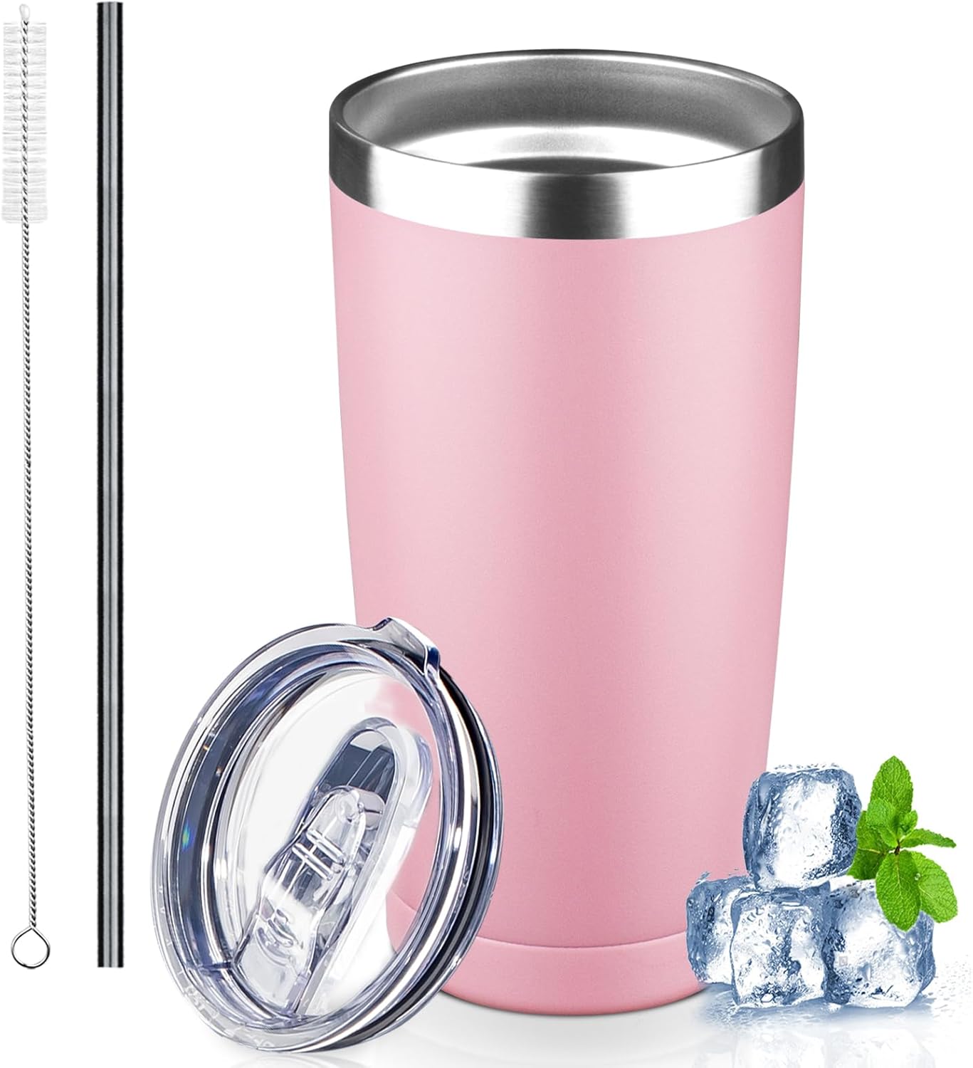20 oz Tumbler with Lids and Straws, Stainless Steel Insulated Coffee Tumbler, Double Wall Vacuum Insulated Travel Mug Cup, Leakproof Thermal Coffee Cup for Hot and Cold Drinks (light pink)