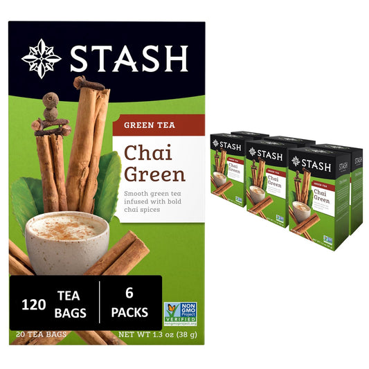 Stash Tea Chai Green Tea - Caffeinated, Non-GMO Project Verified Premium Tea with No Artificial Ingredients, 20 Count (Pack of 6) - 120 Bags Total