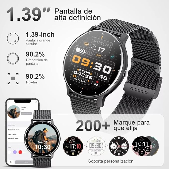 Smart Watch Men Bluetooth Call Fitness Tracker 1.32" HD Full Touch Screen Smartwatch IP67 Waterproof Black Stainless Steel Sport Watch for Android iOS
