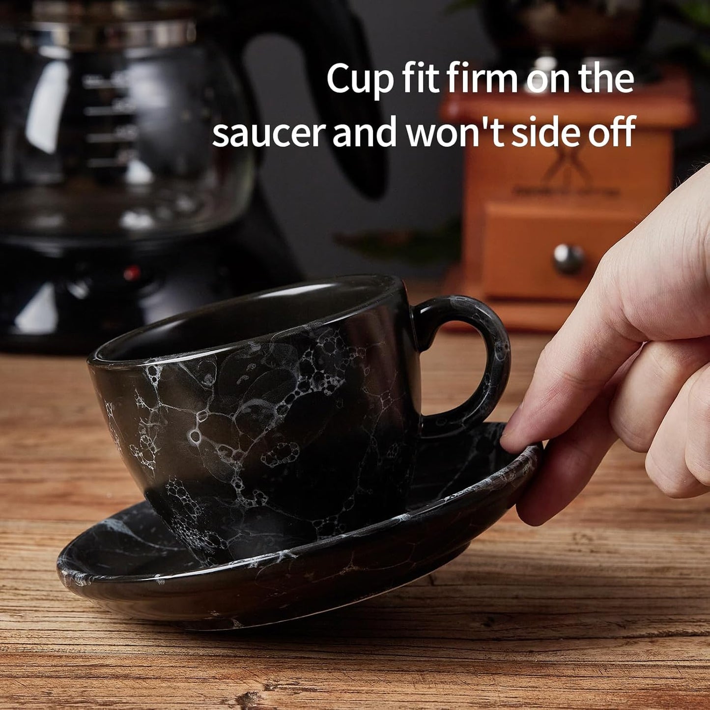 SIDUCAL Espresso Cups Set of 4,6 Ounce Ceramic Coffee Cups with Saucers,Porcelain Double Espresso Cup Set,Gift Box for Boyfriend Gift(Black)