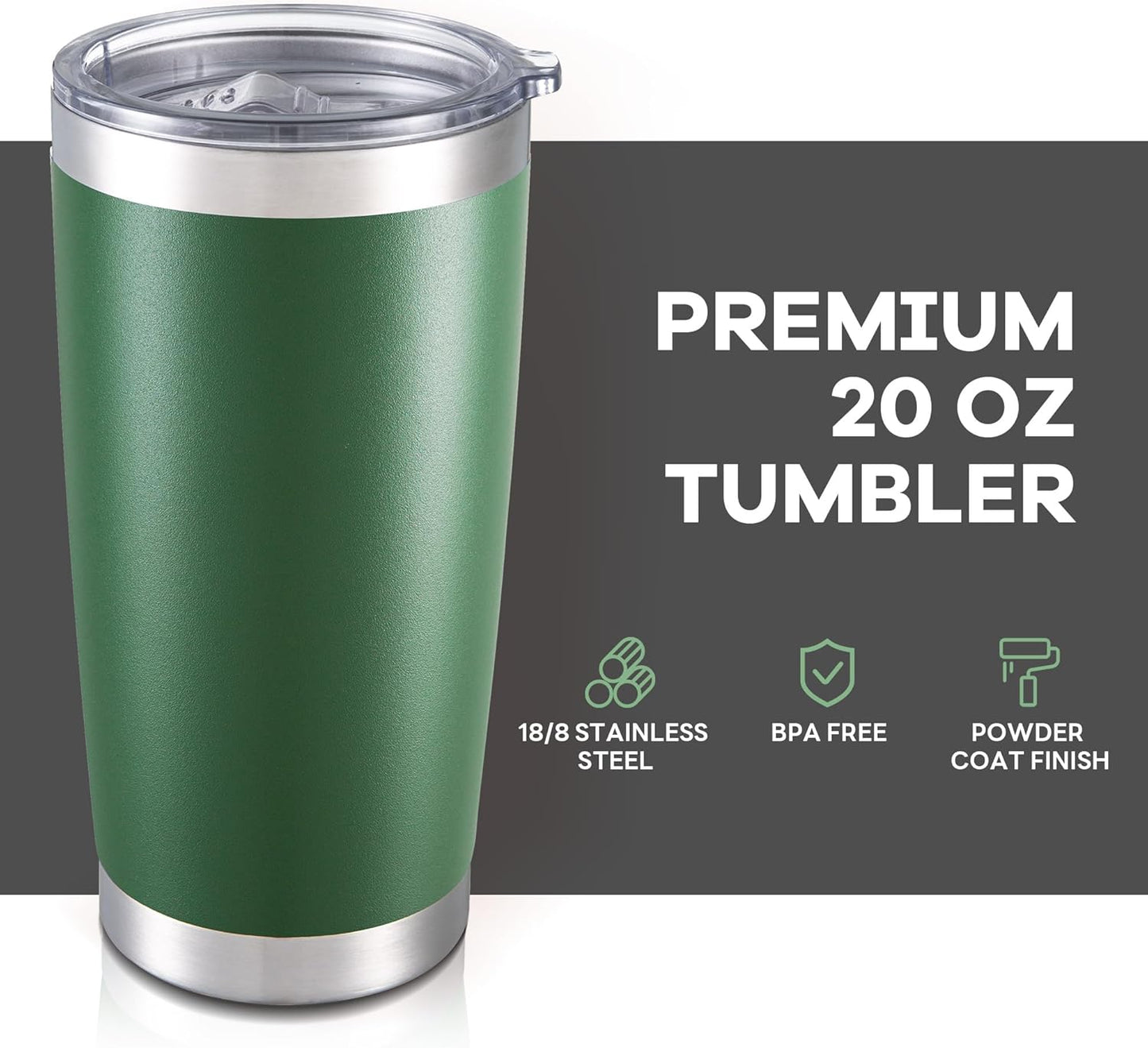 20 oz Tumbler with Lid Stainless Steel Insulated Tumblers Bulk Double Wall Vacuum Cups Powder Coated Travel Mug Keep Drinks Cold and Hot, Dark Green, 12 Pack
