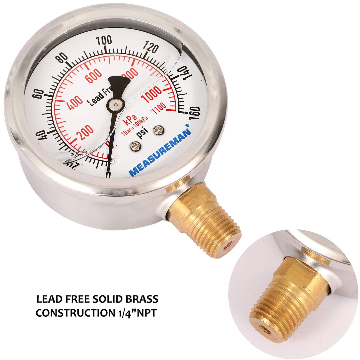 MEASUREMAN Lead-Free Pressure Gauge, 2-1/2inch Dial, Glycerin Filled, 0-160psi/kpa, Stainless Steel Case, 1/4inchNPT Lower Mount