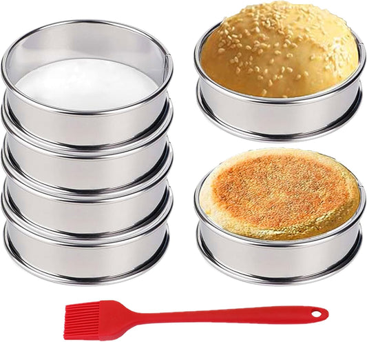 HLMOptimo English Muffin Rings, Stainless Steel Crumpet Rings, 6 Pcs Nonstick Metal Round Ring Molds with Silicone Oil Brush (3.15 inch)