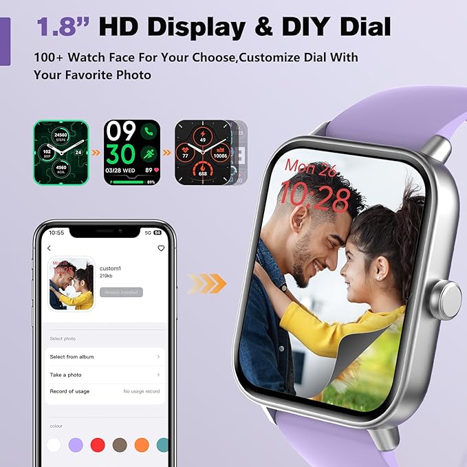 Smart Watch for Women Android iPhone Compatible, 1.8” Touchscreen,Bluetooth Call,24/7 Heart Rate, SpO2 Monitor, Step Counting, Sleep Tracking, IP68 Waterproof Activity Tracker and Smartwatch(Purple)
