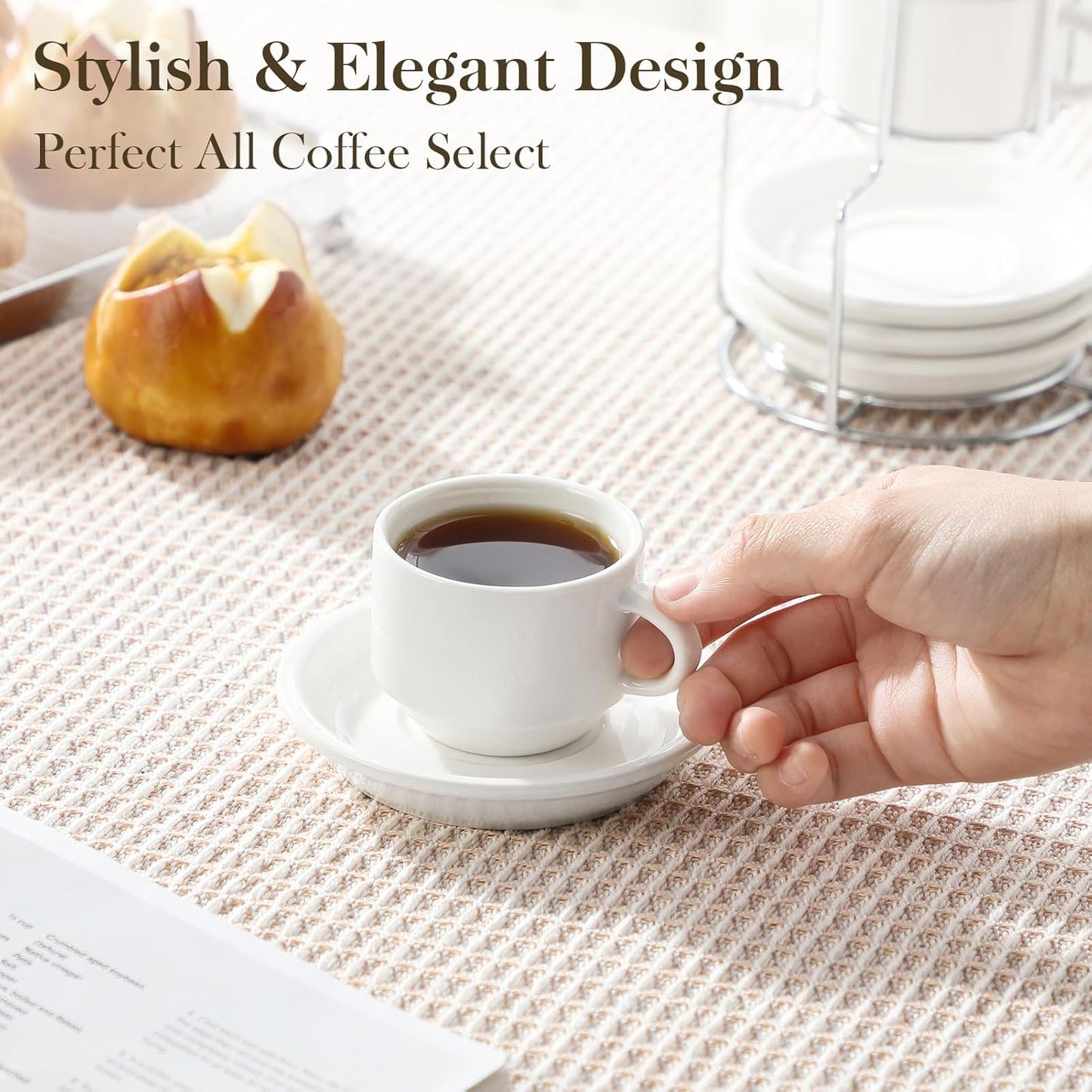 MALACASA 2.5 OZ Porcelain Espresso Cups with Saucers and Metal Stand Set of 4, Stackable Cappuccino Cups, White Expresso Shots Cup Set for Coffee Drinks, Latte, Tea