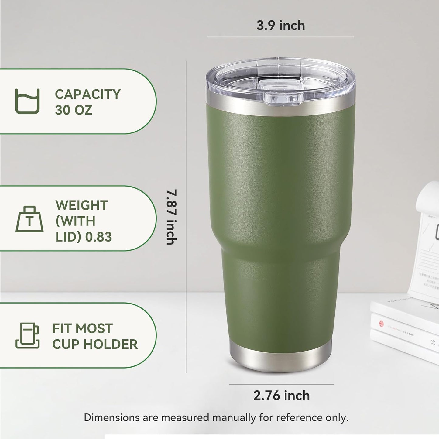 30 oz Tumbler with Lid Stainless Steel Tumblers Vacuum Insulated Cup Reusable Powder Coated Travel Mug Double Wall Leak Proof Portable Cups Keep Cold Drinks for 12 Hours, Army Green, 1 Pack