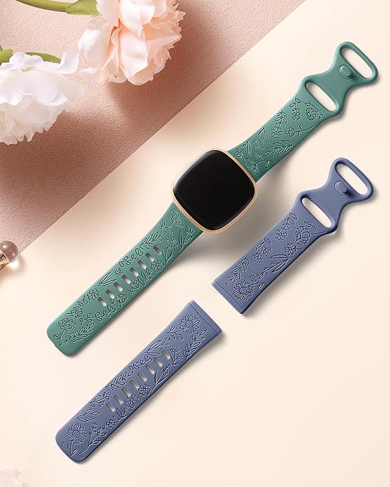SNBLK 2 Pack Engraved Bands Only Compatible with Fitbit Versa 3/Fitbit Sense/Fitbit Versa 4/Fitbit Sense 2 Bands Four Models, Sunflower Rose Elegant Soft TPU Floral Pattern Replacement Strap Women