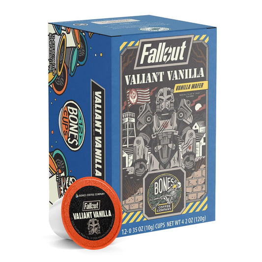 Bones Coffee Company Fallout Valiant Vanilla, Vanilla Wafer Flavored Coffee Pods, Low Acid Medium Roast Single-Serve Bones Cups, Compatible with 1.0 & 2.0 Capsule Brewers Coffee Maker, 12 Count